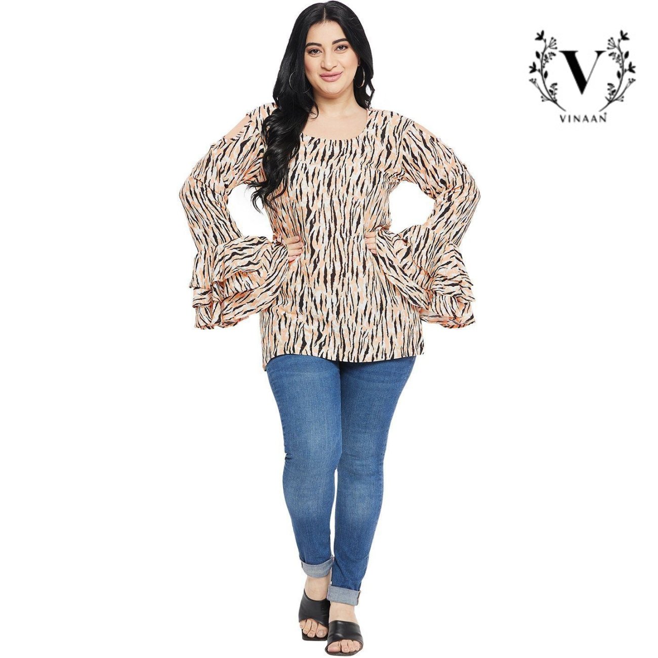 Peach & Black Frill Sleeves Top - Image 4