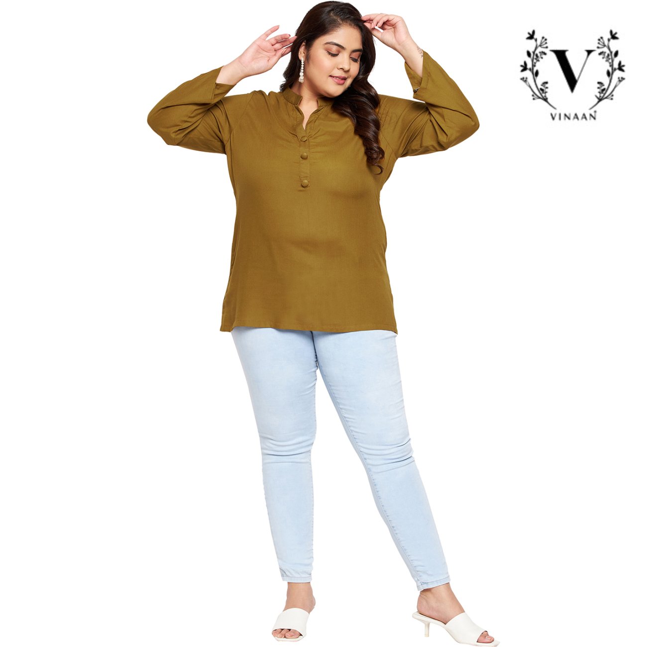 Golden Olive Mandarin Collar Top - Image 2