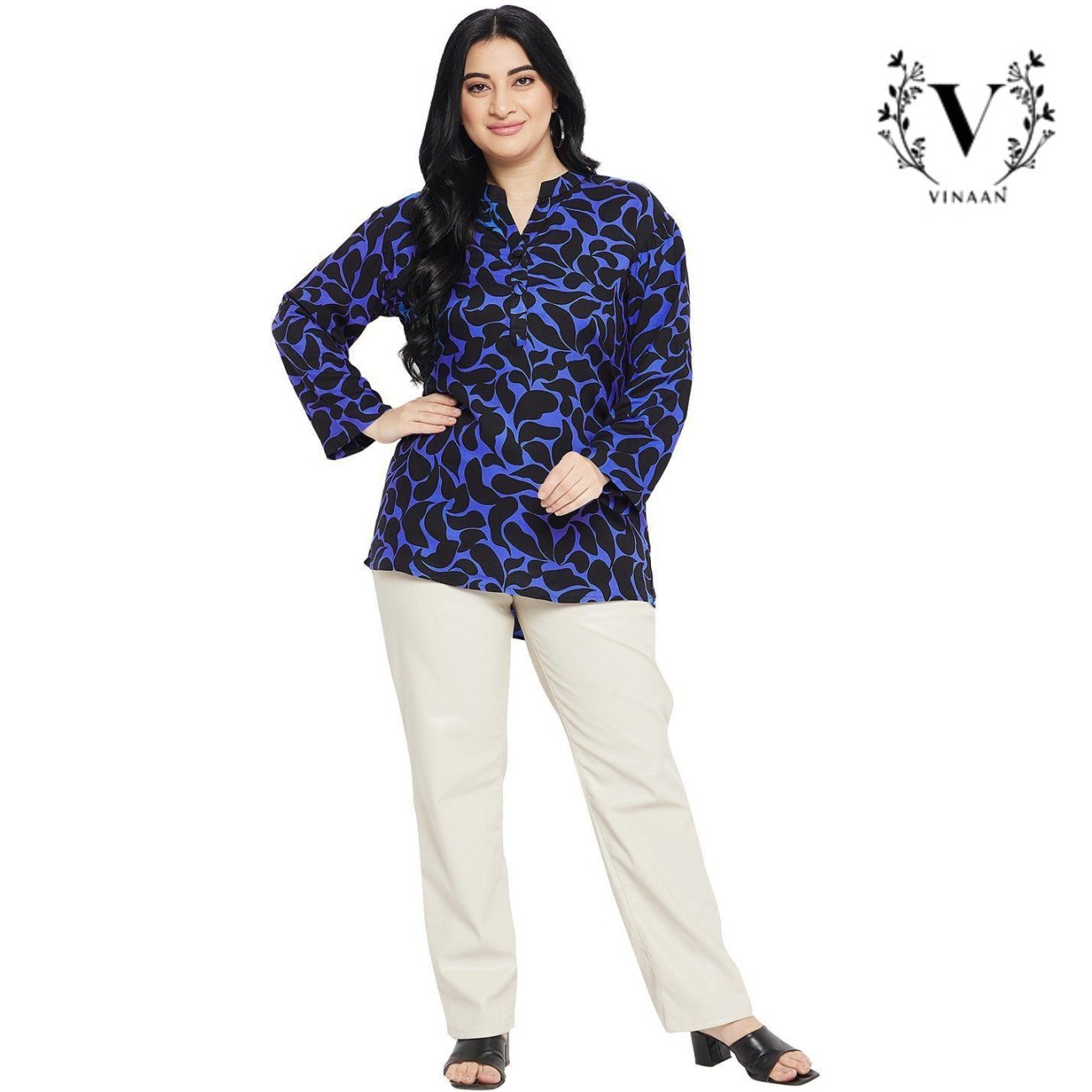 Blue Black Leaf Printed Top - Image 3