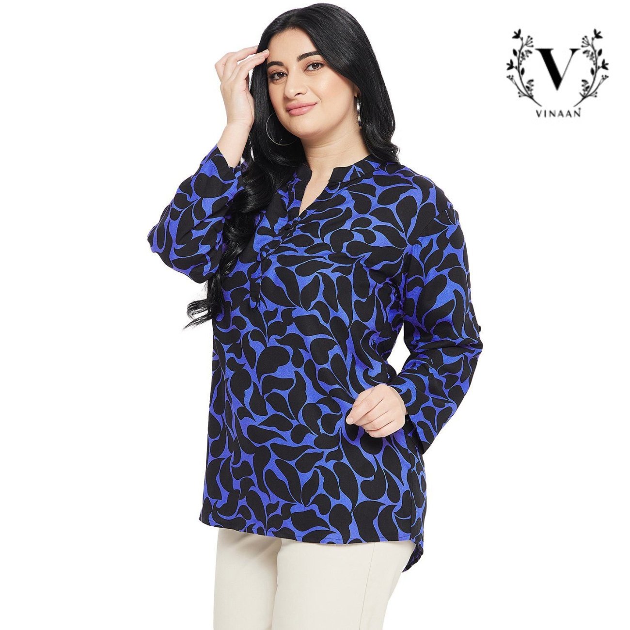 Blue Black Leaf Printed Top - Image 4