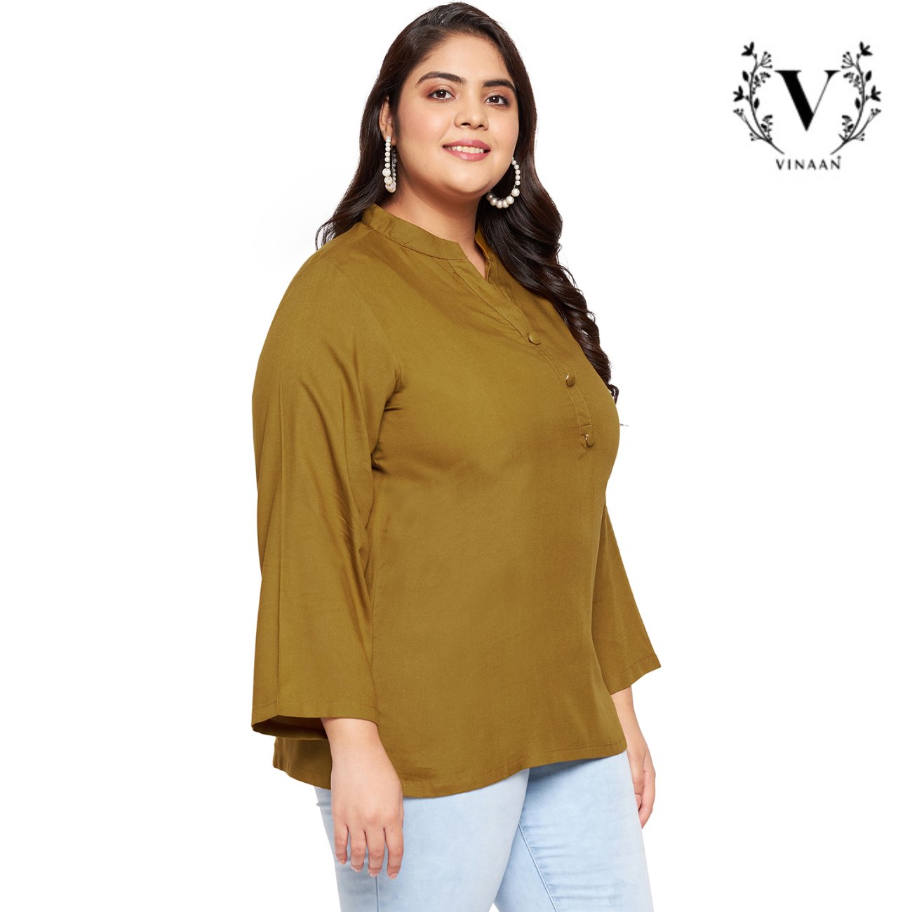 Golden Olive Mandarin Collar Top - Image 4