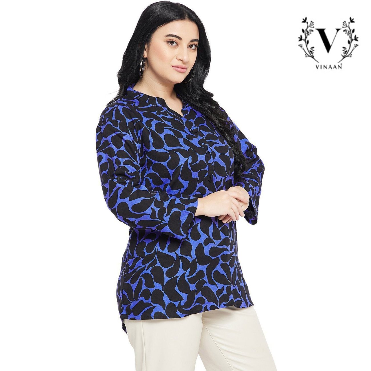 Blue Black Leaf Printed Top - Image 5