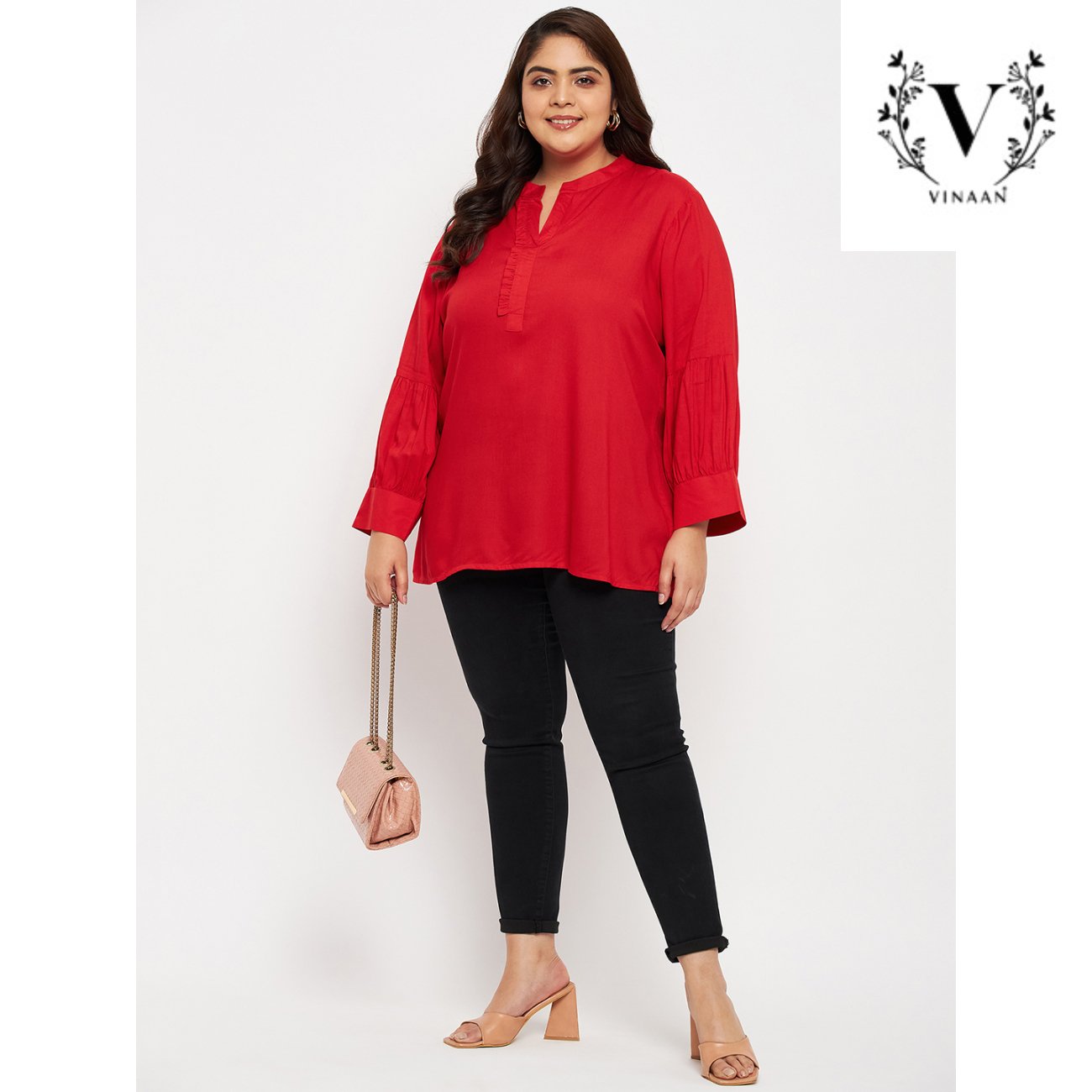 Cadmium red pleated sleeves top - Image 5